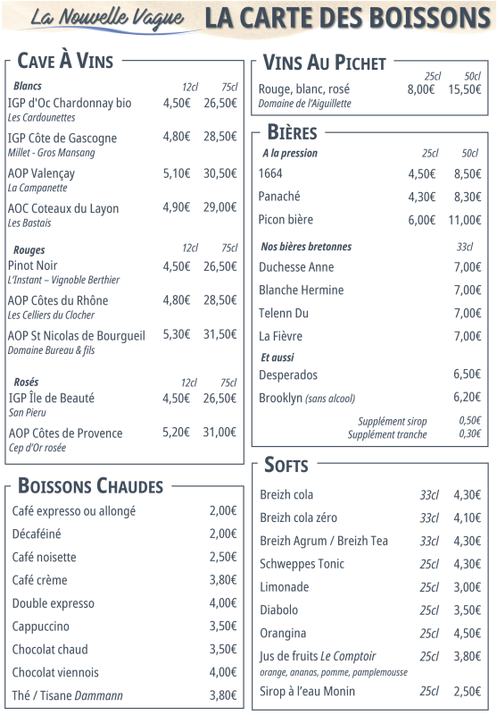 La Carte - La Nouvelle Vague - Restaurant Auray - Menu Saint-Valentin