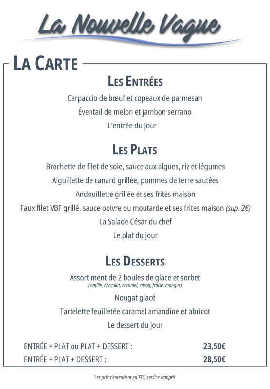 La Carte - La Nouvelle Vague - Restaurant Auray - les meilleurs restaurant de AURAY
