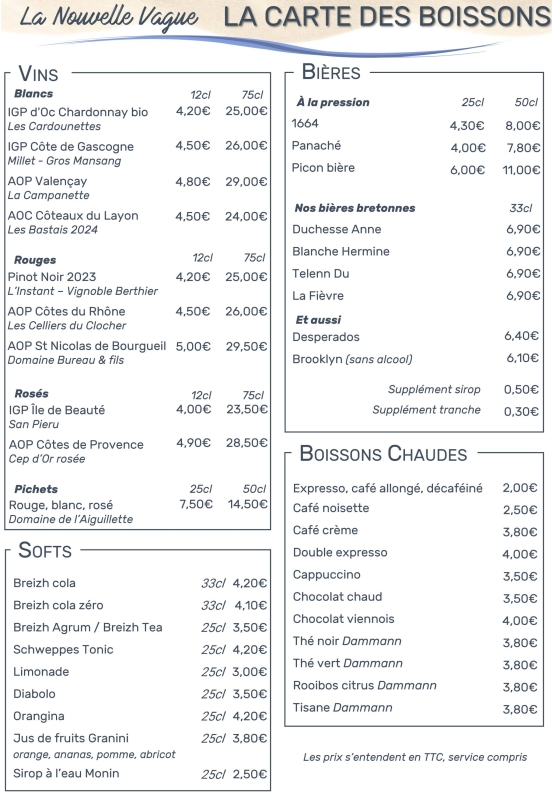 La Carte - La Nouvelle Vague - Restaurant Auray - manger a AURAY