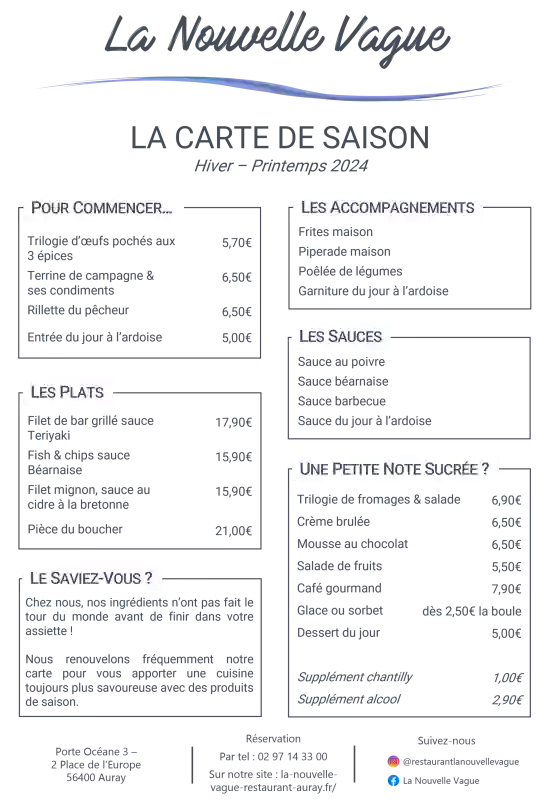 La Carte - La Nouvelle Vague - Restaurant Auray - Restaurant Traiteur