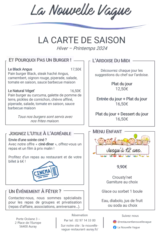 La Carte - La Nouvelle Vague - Restaurant Auray - Salon De Thé Auray